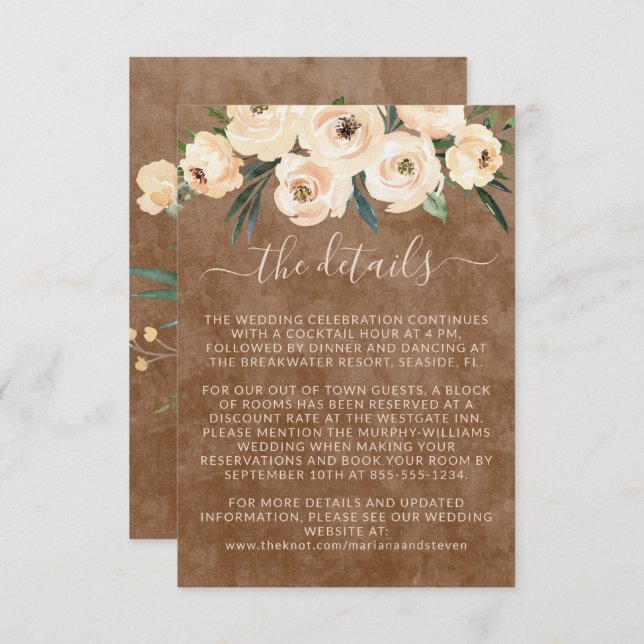 Carte D'accompagnement Détails du Mariage beige floral (Devant / Derrière)