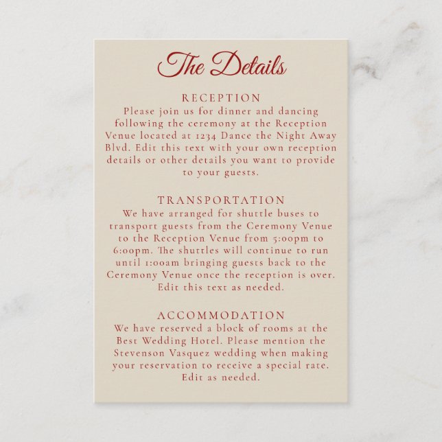 Carte D'accompagnement Détails du Mariage blanc rubis rouge simple (Devant)