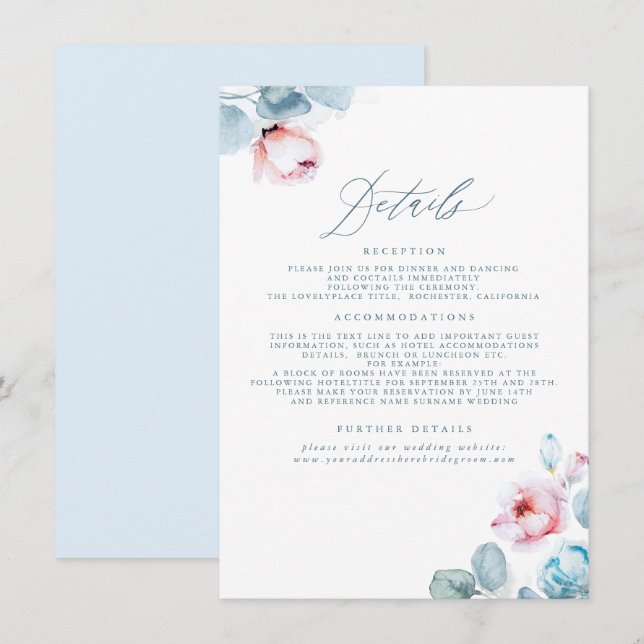 Carte D'accompagnement Détails du Mariage bleu et rose Dusty (Devant / Derrière)