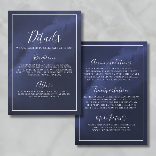 Carte D'accompagnement Détails du Mariage bleu marine élégant (Elegant Navy Blue Wedding Details Enclosure Card)