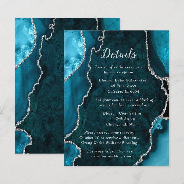 Carte D'accompagnement Détails du mariage Bleu sarcelle et Agate argentée (Devant / Derrière)