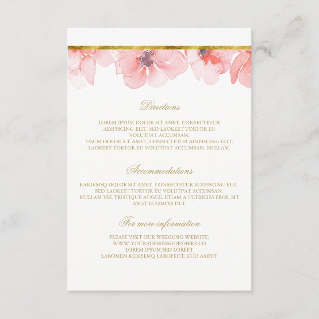 Carte D'accompagnement Détails du Mariage Blush Floral Gold - Information (Devant)