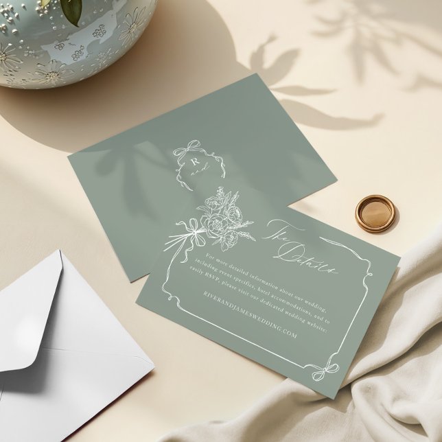 Carte D'accompagnement Détails du mariage Bouquet à main et à ruban (Wedding Details Hand Drawn Bow & Ribbon Bouquet Enclosure Card)