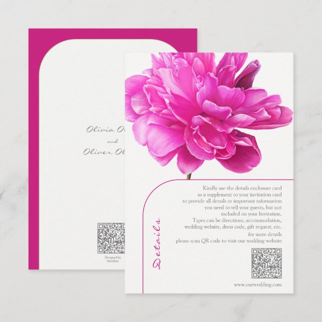 Carte D'accompagnement Détails du Mariage Bright Pink Peony (Devant / Derrière)