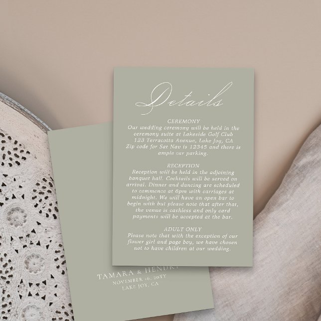 Carte D'accompagnement Détails du mariage Calligraphie Script Sage Green (Sage green wedding details card from my Wedding Colors collection)