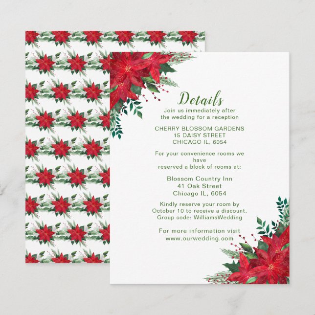 Carte D'accompagnement Détails du Mariage Christmas Red Poinsettia (Devant / Derrière)