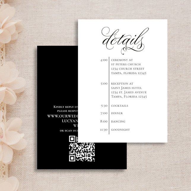 Carte D'accompagnement Détails du mariage Code QR Ligne de temps noir et  (Simple black and white wedding details enclosure card with scannable QR Code. )