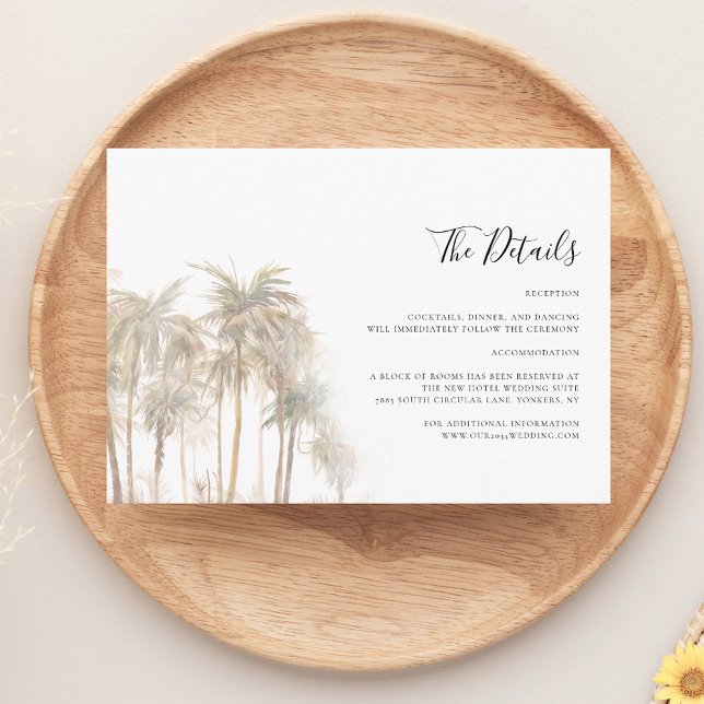 Carte D'accompagnement Détails du Mariage côtier Palm Tree (Watercolor Palm Trees Modern Wedding Details Card)