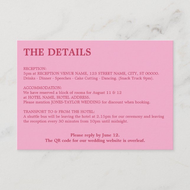 Carte D'accompagnement Détails du Mariage de code QR de Magenta rose (Devant)