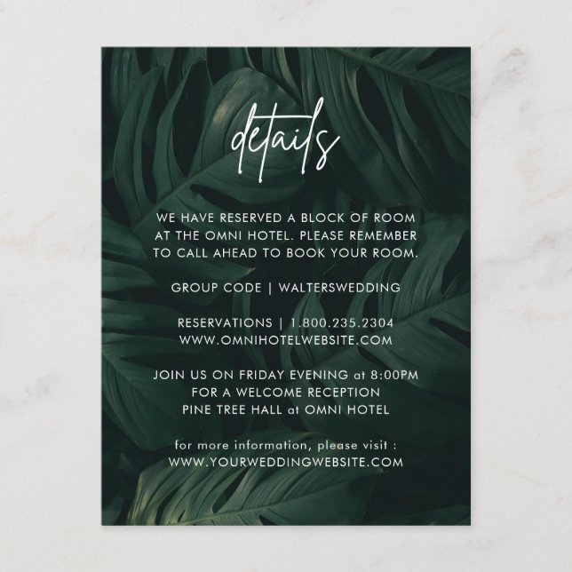 Carte D'accompagnement Détails du mariage de destination tropicale (Devant)