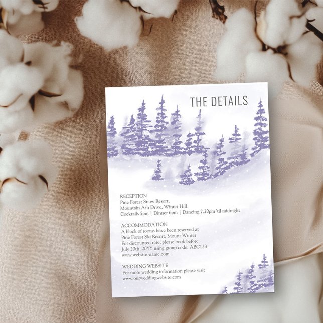 Carte D'accompagnement Détails du Mariage de forêt d'hiver Lavender Aquar (Wedding Details enclosure card from my Winter Forest Lavender Wedding Collection)