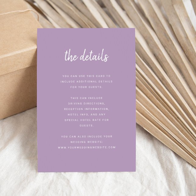 Carte D'accompagnement Détails du Mariage de lavande de script minimalist (Créateur téléchargé)