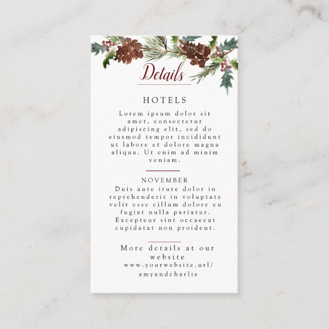 Carte D'accompagnement Détails du Mariage de pin d'hiver (Devant)