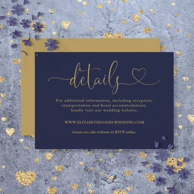 Carte D'accompagnement Détails du Mariage de script de code bleu et or Ma (Navy Blue And Gold Heart Script Wedding Details Enclosure Card)