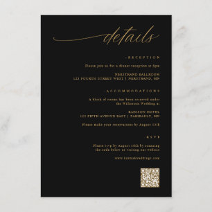 Carte D'accompagnement Détails du Mariage de script noir et or
