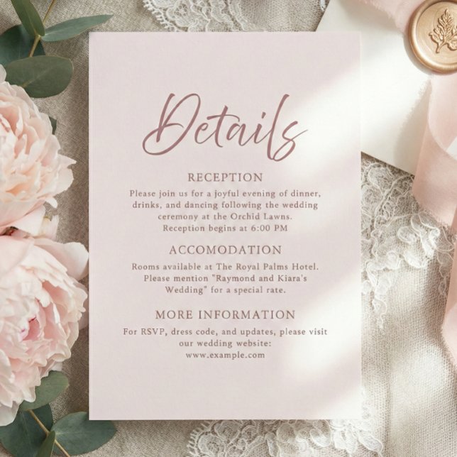 Carte D'accompagnement Détails du Mariage de script rose foncé minimalist (Dusty Pink modern minimalist script calligraphy enclosure card)