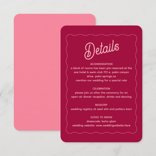 Carte D'accompagnement Détails du Mariage de trame de brame rose rétro (Devant / Derrière)