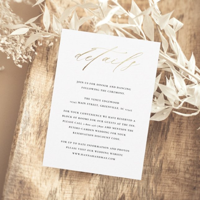 Carte D'accompagnement Détails du Mariage de typographie élégant (Elegant gold script wedding details enclosure cards.)