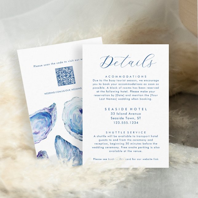 Carte D'accompagnement Détails du mariage d'huître Info hôtel Code QR (Oyster Wedding Details and Hotel Information with QR Code and Elegant blue watercolor oyster shells)