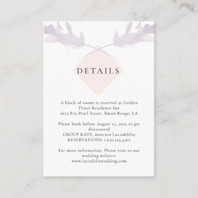 Carte D'accompagnement Détails du Mariage élégant Violet Lavender & Peach (Devant)