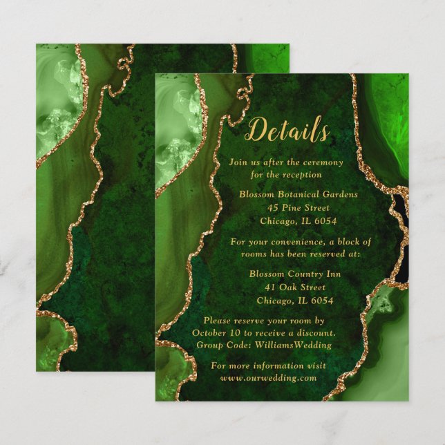 Carte D'accompagnement Détails du mariage en Agate Verte et Or (Devant / Derrière)