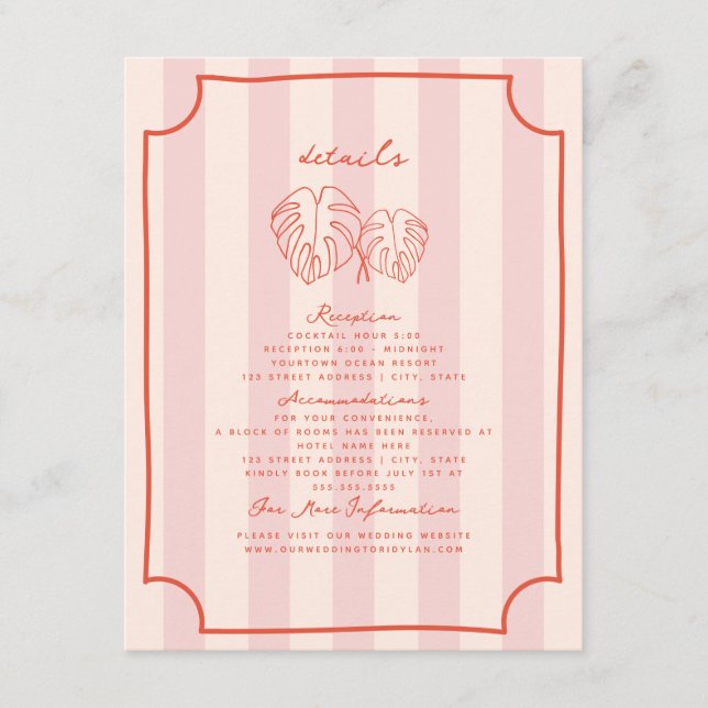 Carte D'accompagnement Détails du Mariage en bande rose Feuille Palm (Devant)