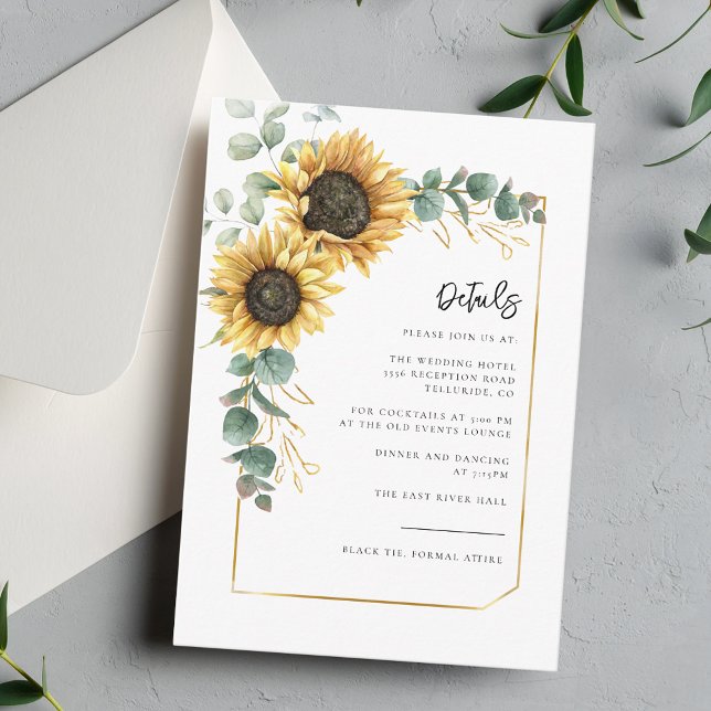 Carte D'accompagnement Détails du mariage en écriture tournesol floral (Sunflower Floral Eucalyptus Greenery Wedding Details Enclosure Card)
