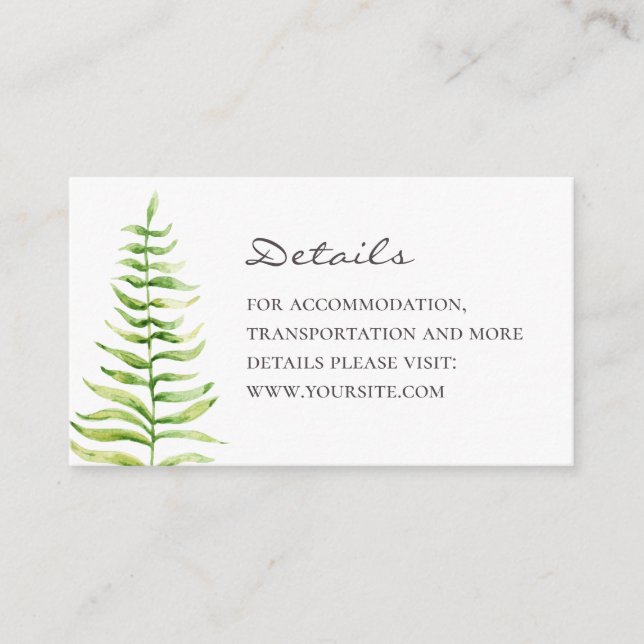 Carte D'accompagnement Détails du mariage Fern. Aquarelle botanique (Devant)