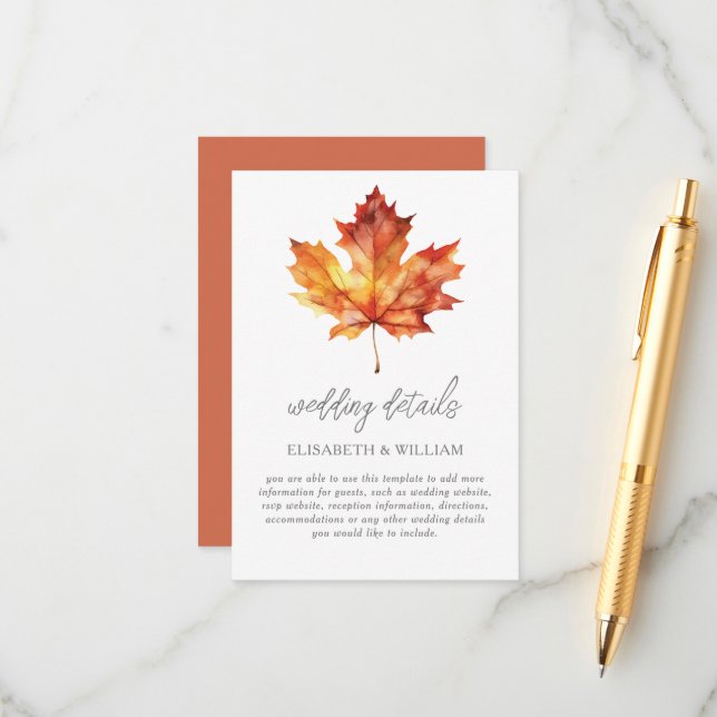 Carte D'accompagnement Détails du Mariage Feuille d'automne (Devant/Arrière en situation)