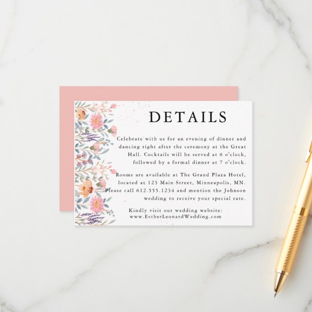 Carte D'accompagnement Détails du Mariage Fleur sauvage de printemps colo (Devant/Arrière en situation)