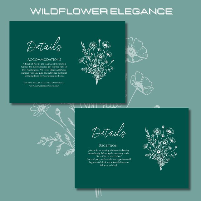 Carte D'accompagnement Détails du Mariage fleur sauvage Elegance (Wildflower Elegance Wedding Details-Emerald Green-Rustic, Country, Bohemian)