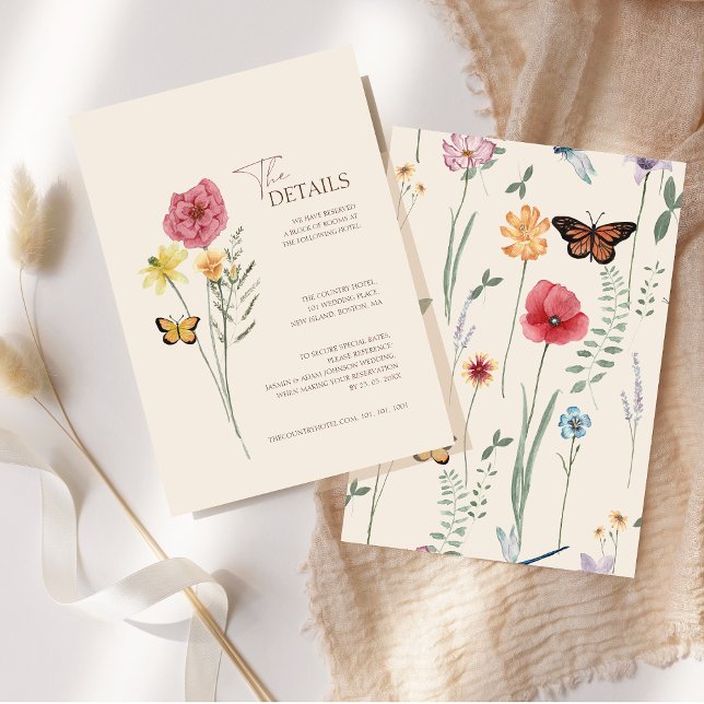 Carte D'accompagnement Détails du Mariage Fleur sauvage rose simple (Simple Pink Yellow Wildflower Whimsical Details Enclosure Card)