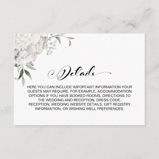 Carte D'accompagnement Détails du Mariage floral blanc élégant (Devant)