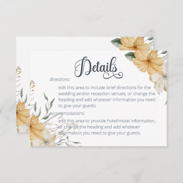 Carte D'accompagnement Détails du Mariage Floral bleu jaune et blanc (Devant / Derrière)