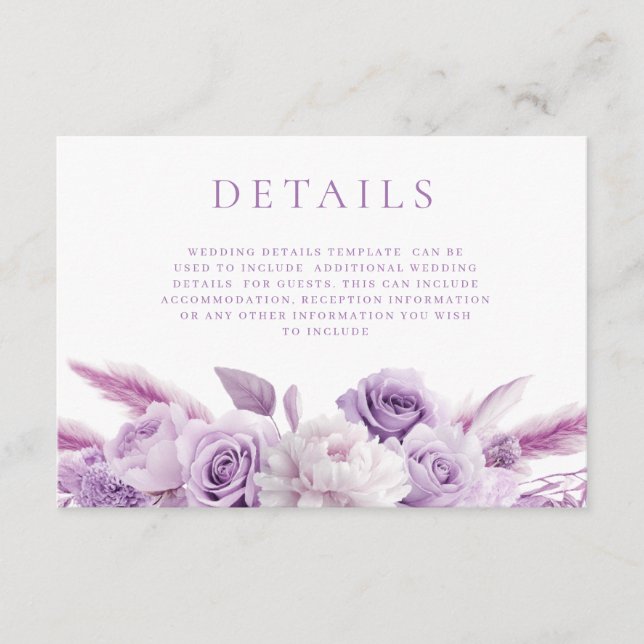 Carte D'accompagnement Détails du Mariage Floral de la lavande violette d (Devant)