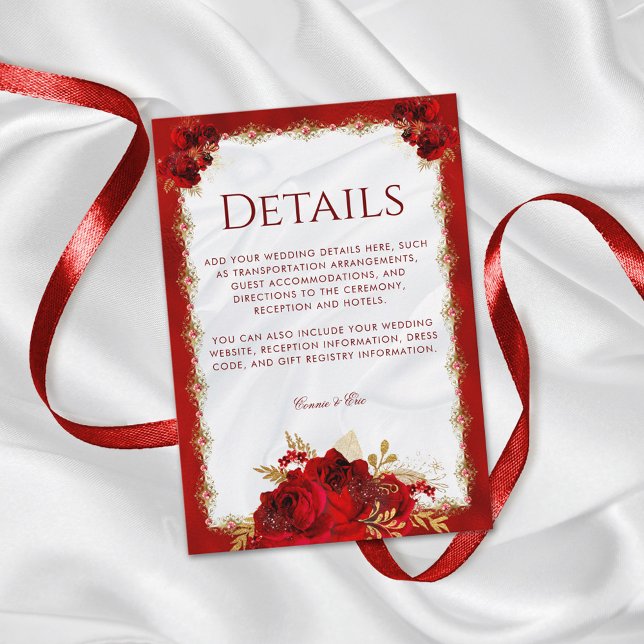 Carte D'accompagnement Détails du Mariage floral élégant rouge et or (Créateur téléchargé)