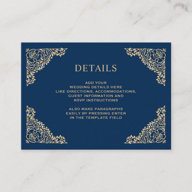 Carte D'accompagnement Détails du Mariage Floral Frame Bleu et Or (Devant)