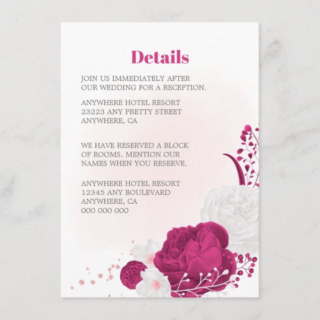 Carte D'accompagnement détails du mariage floral fuchsia & blanc (Devant)