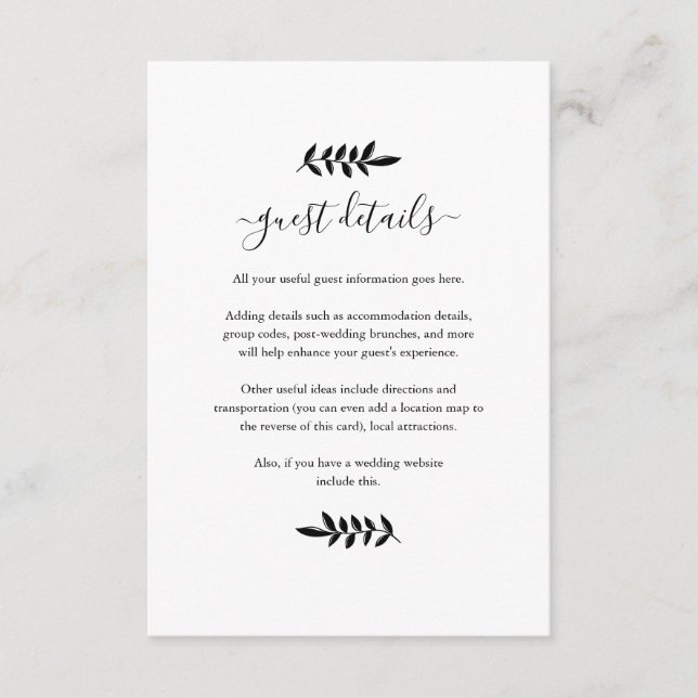 Carte D'accompagnement Détails du Mariage Floral Garland noir et blanc (Devant)