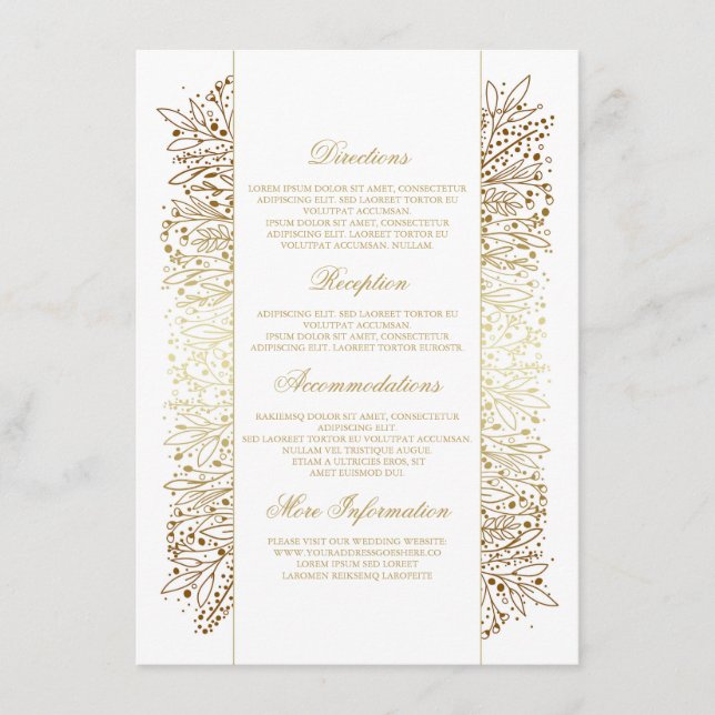 Carte D'accompagnement Détails du Mariage Floral Gold Filigree Imitation (Devant)