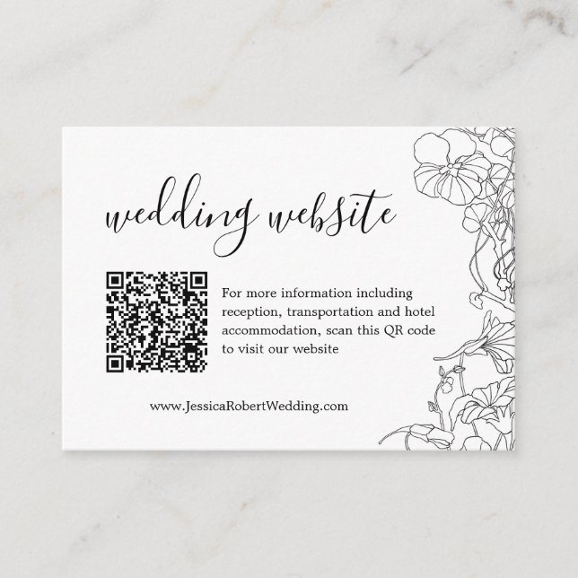 Carte D'accompagnement Détails du Mariage Floral noir et blanc Code QR (Devant)