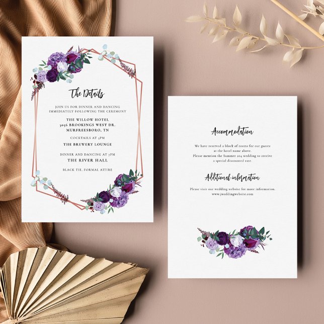 Carte D'accompagnement Détails du Mariage floral pourpre (Purple Floral Wedding Details Card)