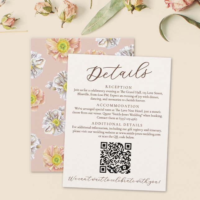 Carte D'accompagnement Détails du Mariage floral rose blanc et code QR (Pink watercolor floral wedding details card with QR Code.)