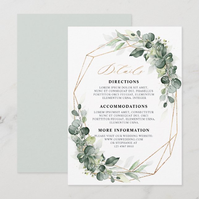 Carte D'accompagnement Détails du Mariage géométrique Eucalyptus Greenery (Devant / Derrière)