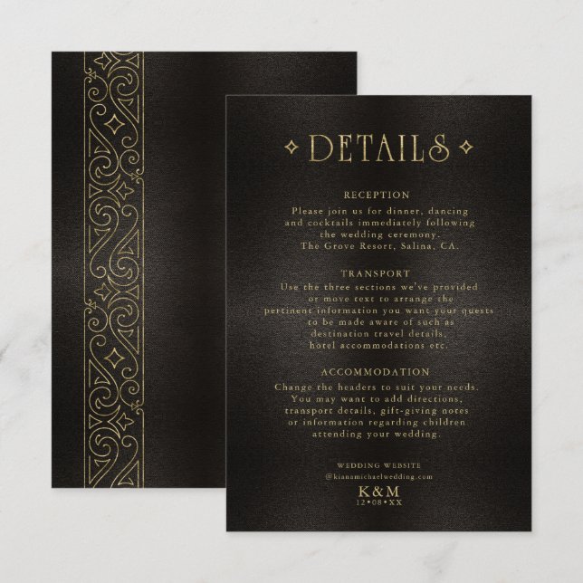Carte D'accompagnement Détails du Mariage Gold Filigree Fine ID871 (Devant / Derrière)