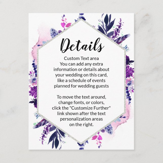 Carte D'accompagnement Détails du Mariage Hexagon violet floral enchanté (Devant)