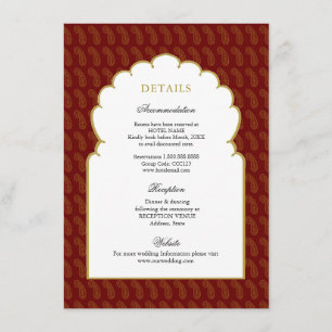 Carte D'accompagnement Détails du mariage indien traditionnel Red & Gold