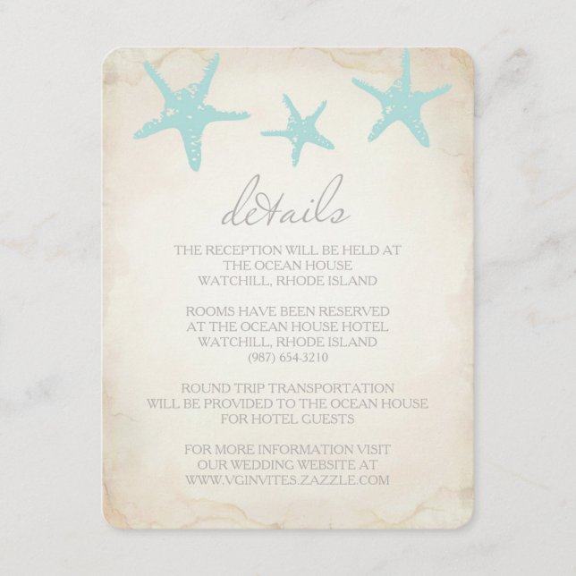 Carte D'accompagnement Détails du mariage Insertion Card - Plage Starfish (Devant)
