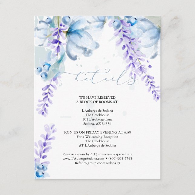 Carte D'accompagnement DÉTAILS DU MARIAGE | Lavender Dusty Blue Floral (Devant)