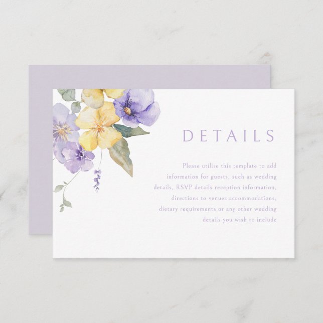 Carte D'accompagnement Détails du Mariage Lavender Purple & Sunshine (Devant / Derrière)